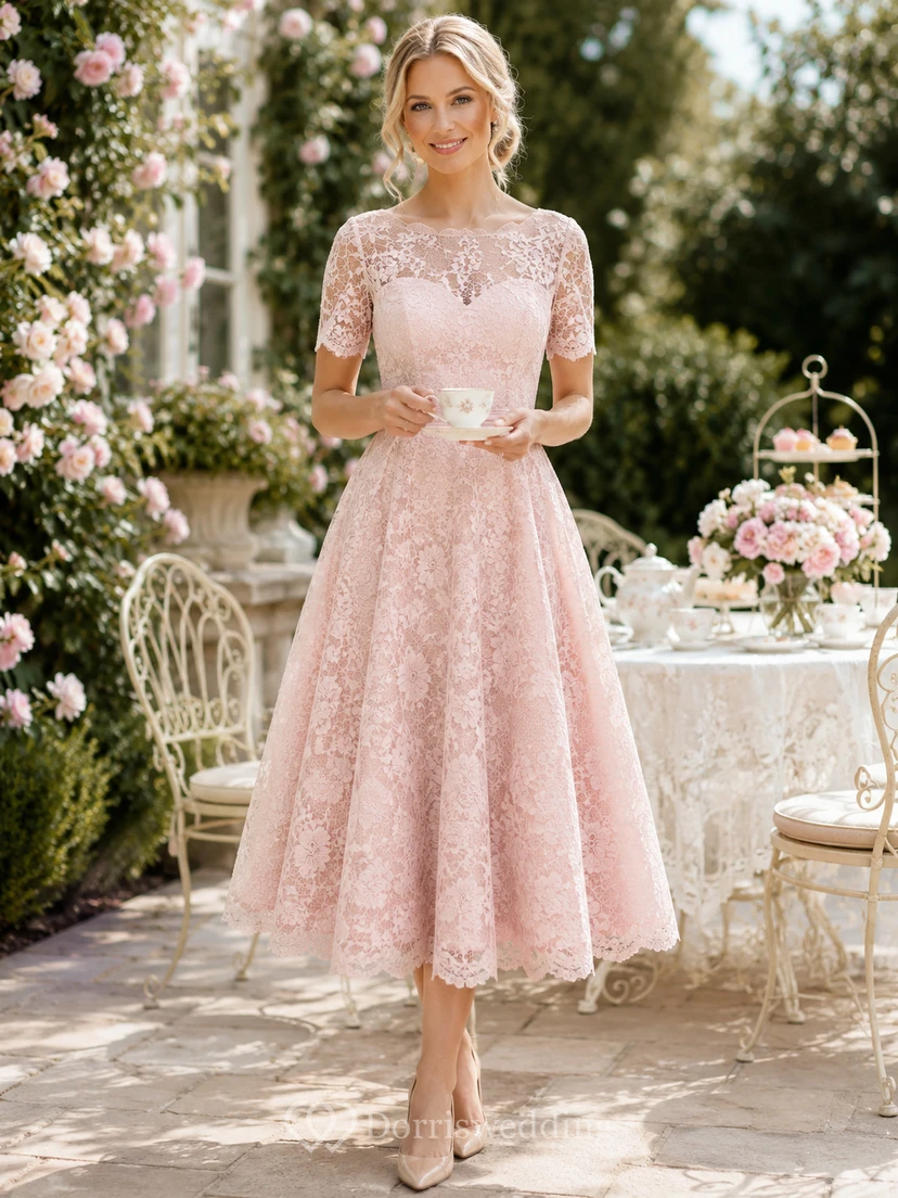Pastel Pink Illusion Sleeve Sweetheart Lace Tea Dress