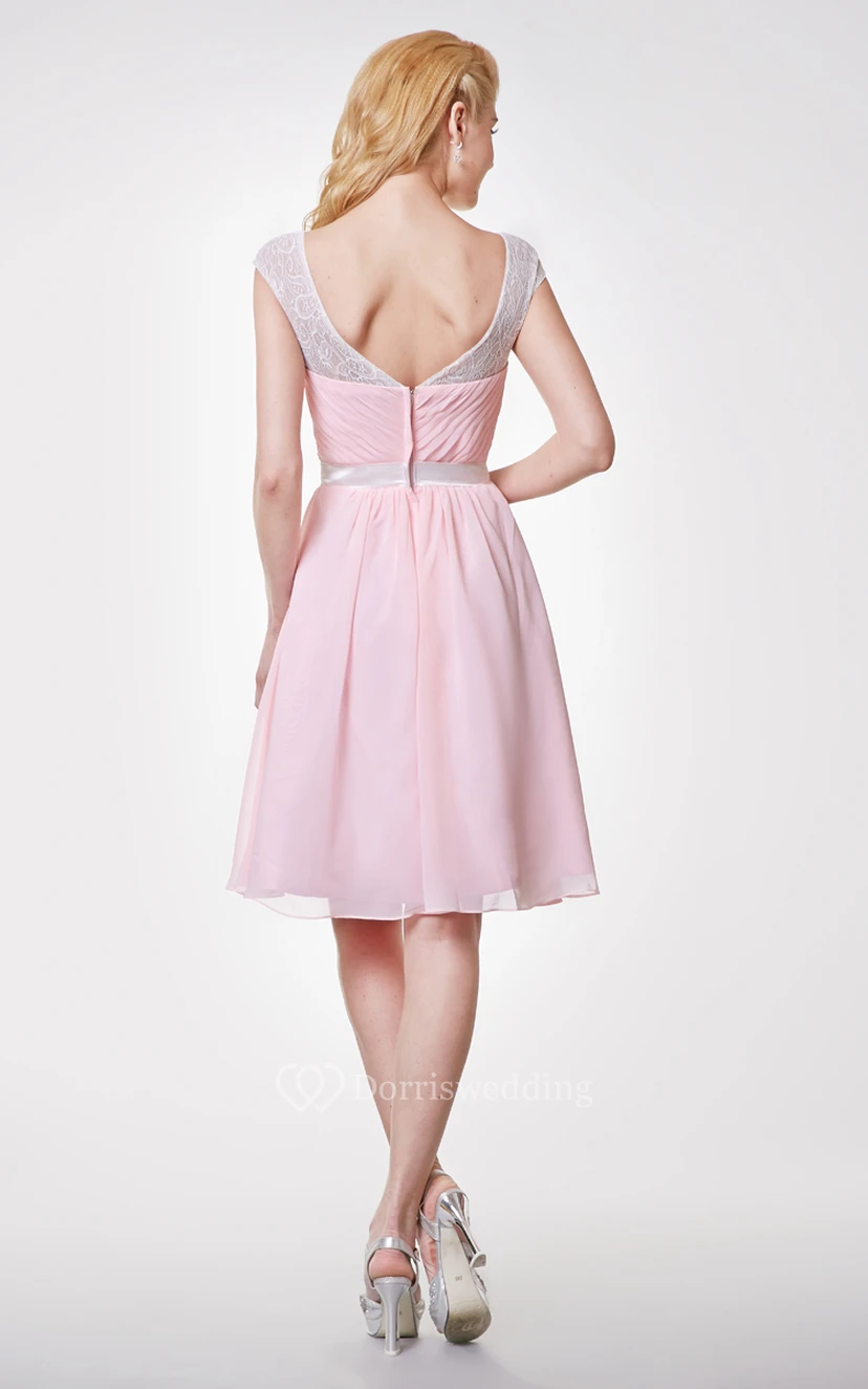 V-neck Knee Length Chiffon Side-draped Dress With Sash view 3
