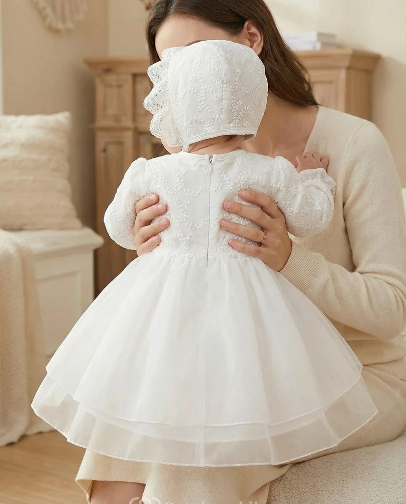 Weißes Taufkleid für Blumenmädchen, Spitzenjacke, Kleid mit Schleife in der Taille view 2