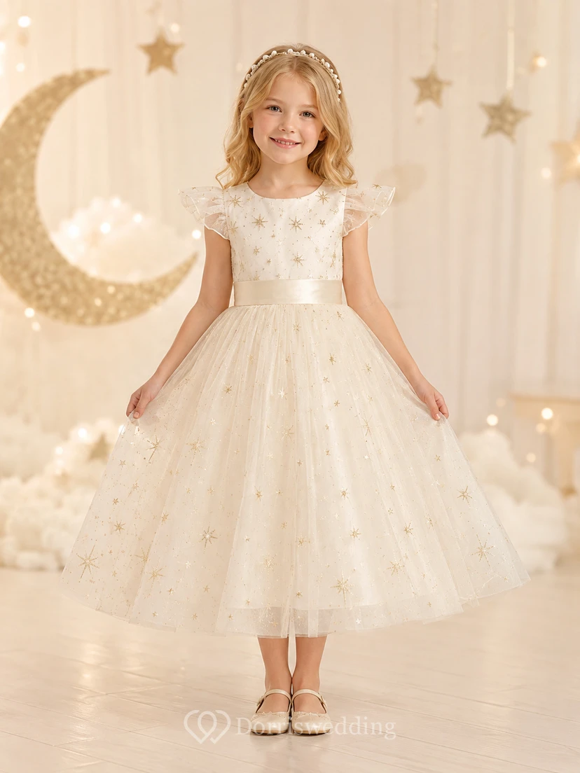 Cream Romantic A-Line Tulle Flower Girl Dress Cap Sleeve Bateau Neck Tea-Length Star Applique