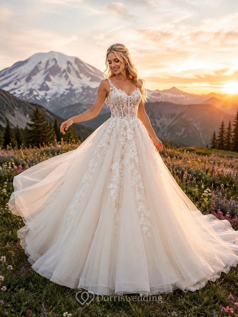 Robe de mariée coupe A, bretelles spaghetti, décolleté cœur, dentelle et tulle, traîne chapelle, style coucher de soleil