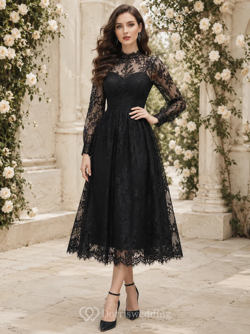 Vestido midi negro de manga larga con encaje ilusión y cuello alto para invitadas