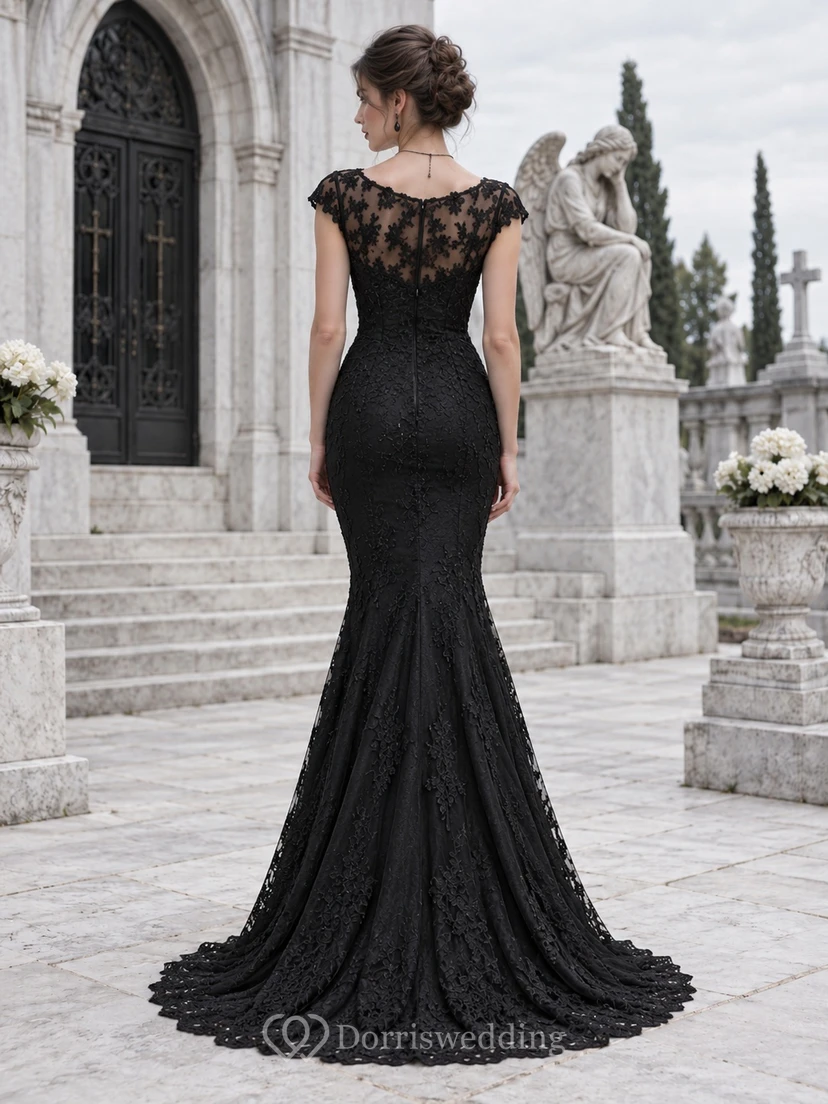 Gothic Black Mermaid Bateau Cap Sleeve Floral Lace Evening Gown view 2