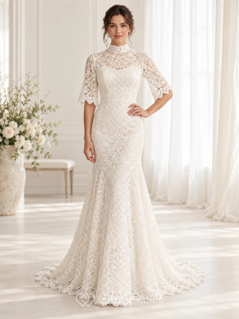 Vestido de novia romántico de manga corta, cuello alto, estilo sirena, encaje floral y algodón, largo hasta el suelo.