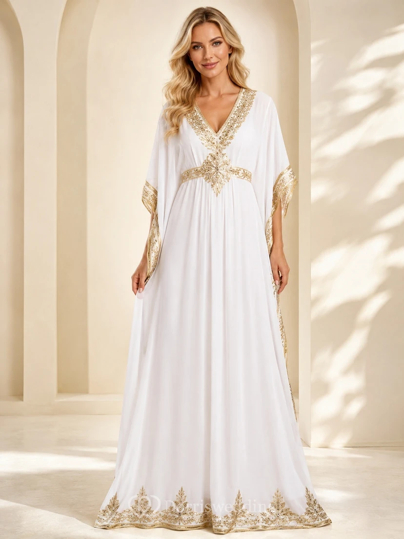 White Gold Chiffon Bell Sleeve V-Neck A-Line Floor Length Kaftan Dress