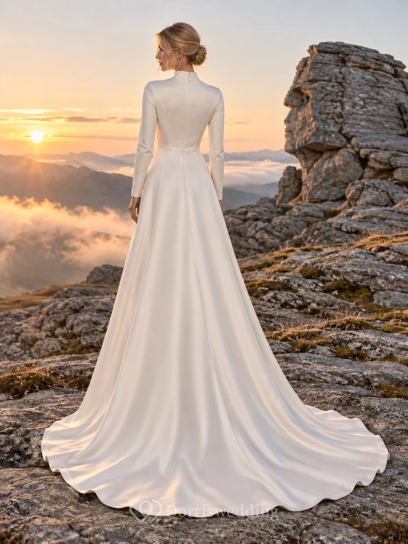 Simple Modest High Neck Long Sleeve Satin A Line Smooth Bodice Sweep Train Wedding Dress view 2