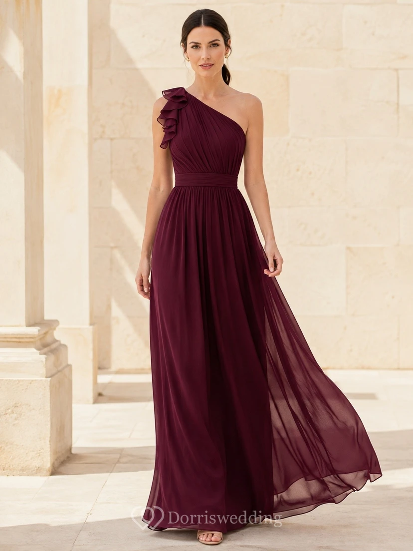 Burgundy One Shoulder Chiffon Slit Gown Classic Occasion