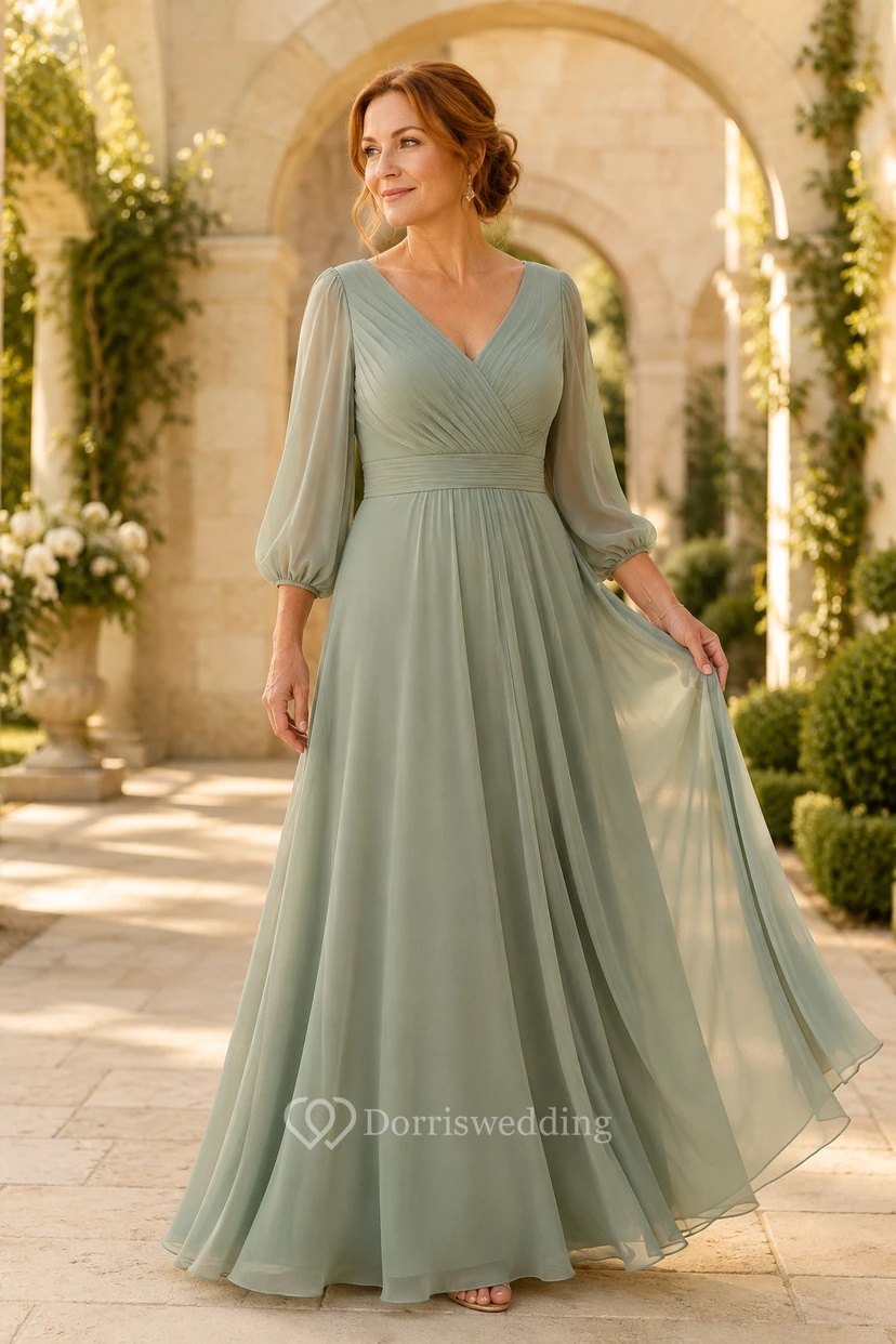 MOB-Kleid aus salbeigrünem Chiffon, A-Linie, lange Ärmel, V-Ausschnitt, bodenlang, plissiert