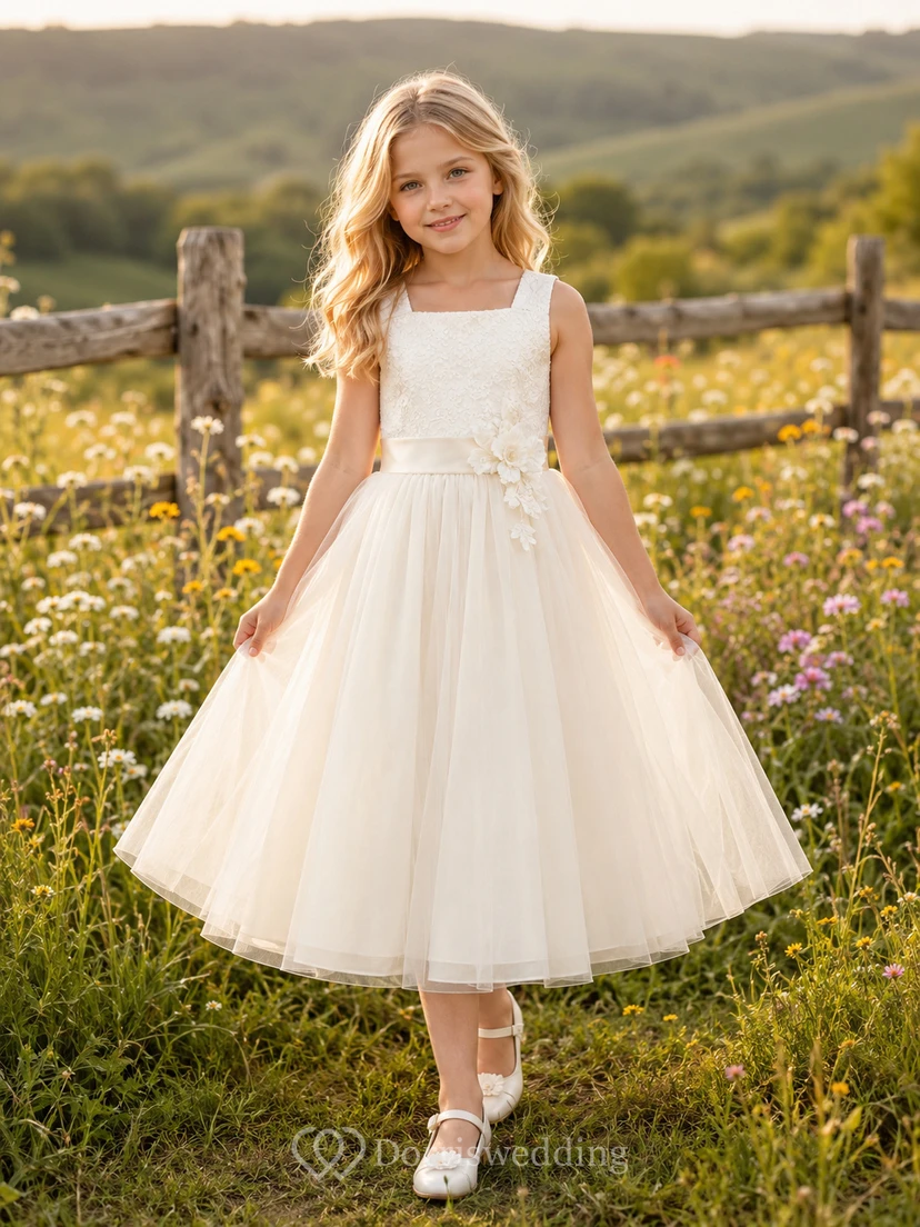 Klassisches A-Linien-Kleid aus Tüll für Blumenmädchen mit Rundhalsausschnitt, wadenlangem Rock und Schleifendetail