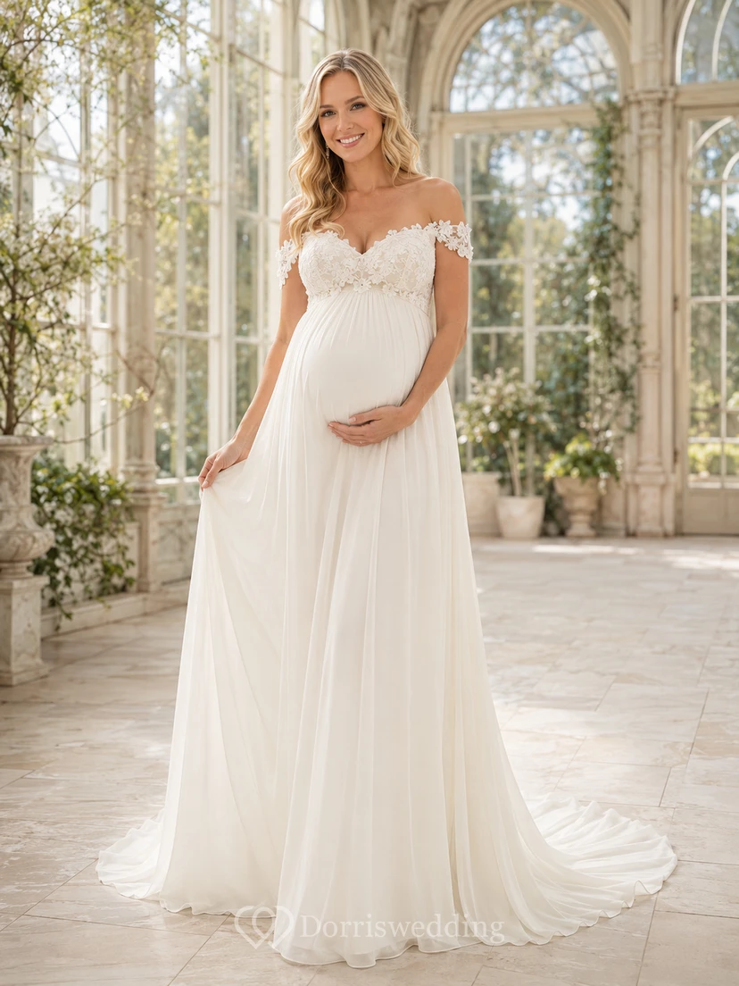 Robe de mariée romantique en mousseline, style empire jardin, longue jusqu'au sol, épaules dénudées et manches courtes, pour maternité