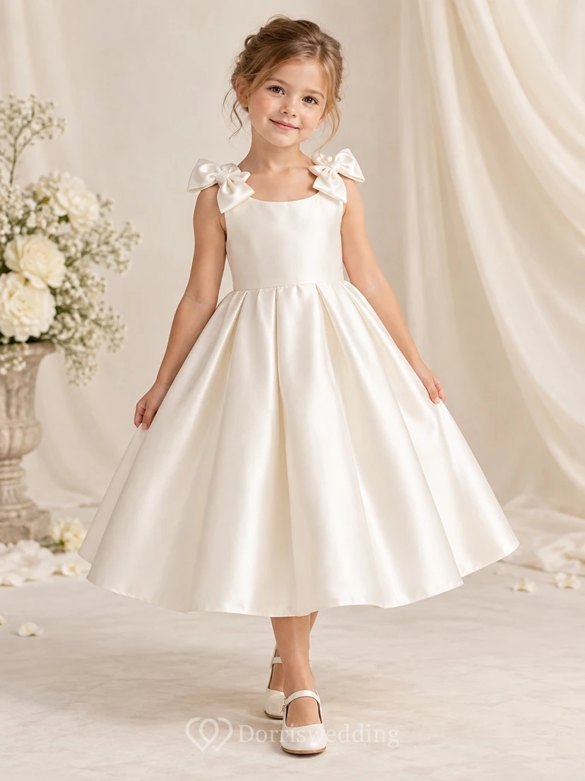 Tea-length Ivory Scoop Neck Shoulder Bow Satin Flower Girl Dress