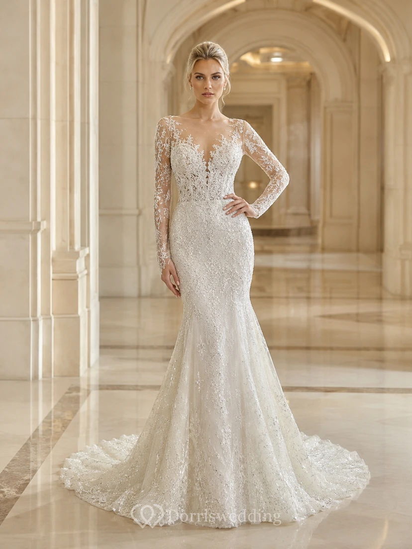 Robe de mariée sirène en dentelle harmonieuse, décolleté en V profond, manches longues, traîne chapelle, applications florales, idéale pour un mariage à destination.