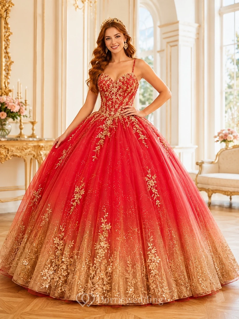 Vestido de quinceañera de princesa, rojo, sin tirantes, bordado dorado, estilo princesa.