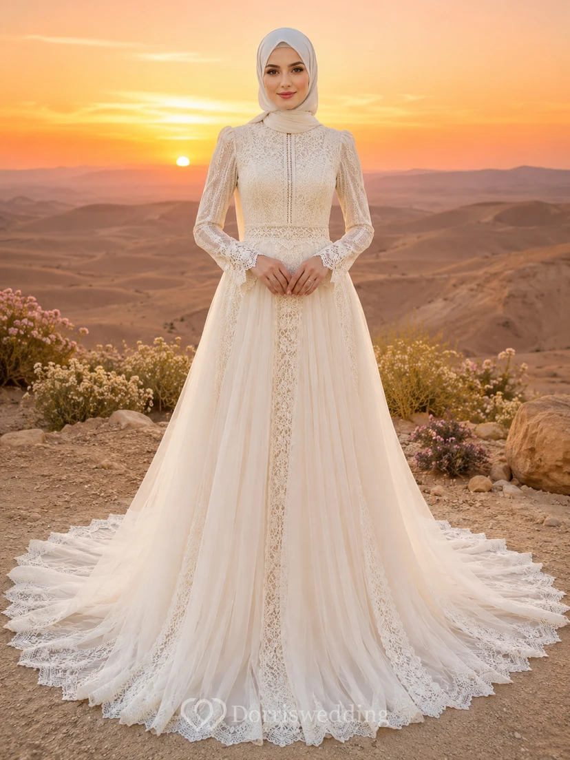 Boho Muslim Long Sleeve Lace High Neck Desert Wedding Dress