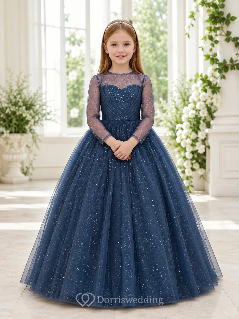 Marineblaues, paillettenbesetztes, bodenlanges Tüll-Ballkleid mit Illusionseffekt und langen Ärmeln – ein formelles Blumenmädchenkleid