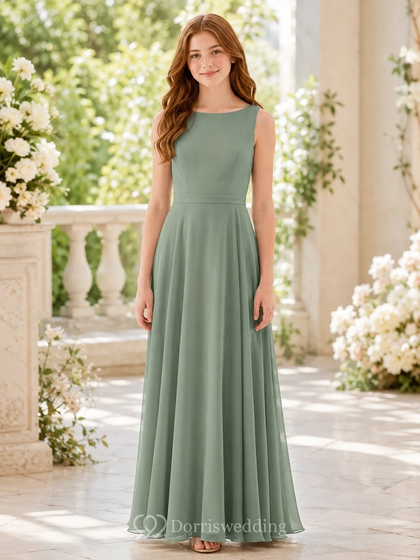 Vestido de dama de honor juvenil color celadón, corte A, escote barco, sin mangas, espalda cruzada, estilo romántico.