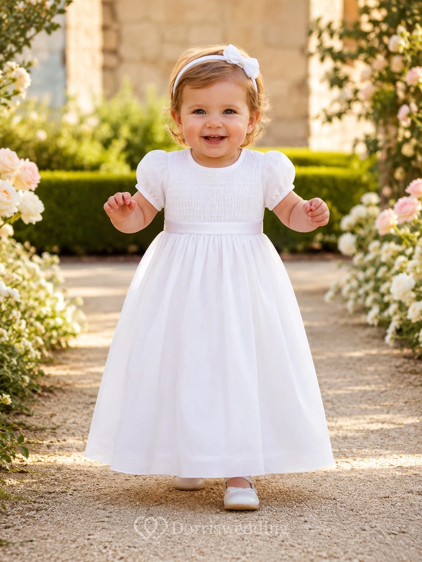 Simple Baby Baptism Christening Ceremony Dress A-Line Tea-Length Jewel Neck Short Sleeve Tulle Bow Back Button Back