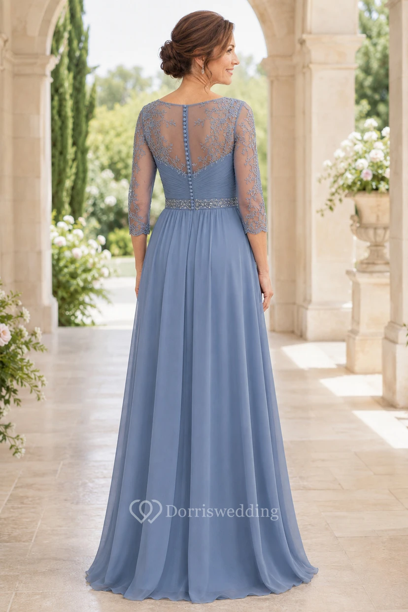 MOB Dress Steel Blue Chiffon Lace A-Line 3/4 Sleeve V-Neck Floor Length Sash Detail view 2