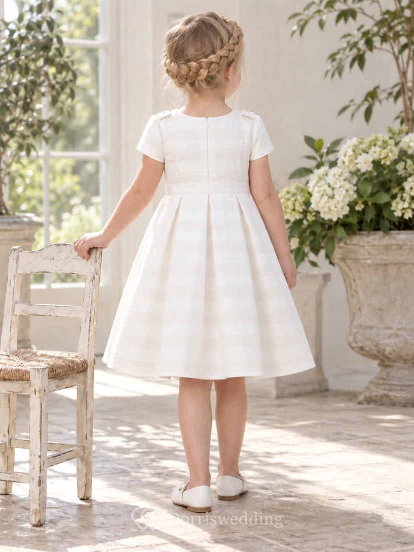 Modest White Ivory Vertical Striped Knee Length Short Sleeve Pleated Flower Girl Dress view 2