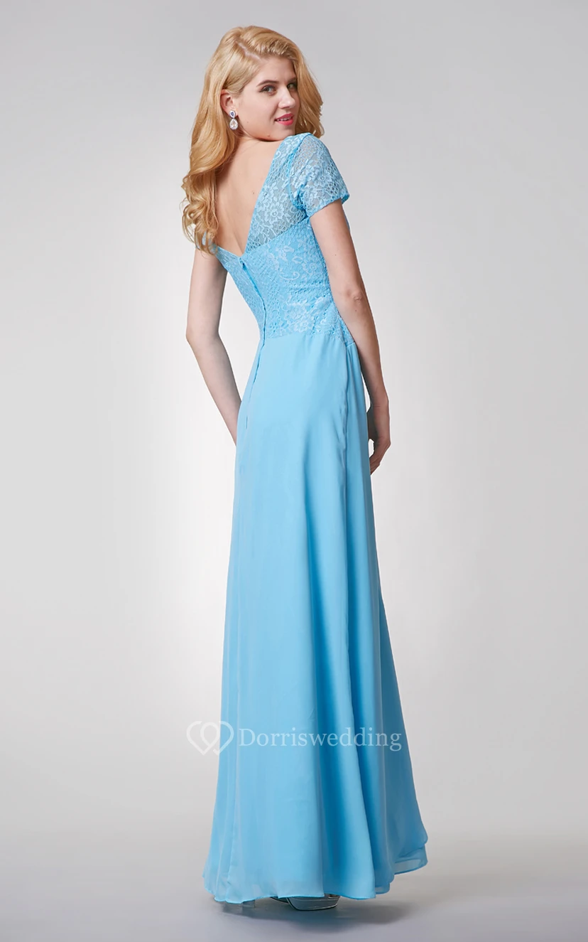 Special Neckline Long Chiffon Dress With Lace Top view 4