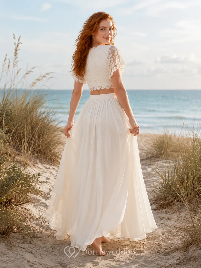Ensemble de mariée en mousseline Dune, top court à manches courtes en dentelle view 2