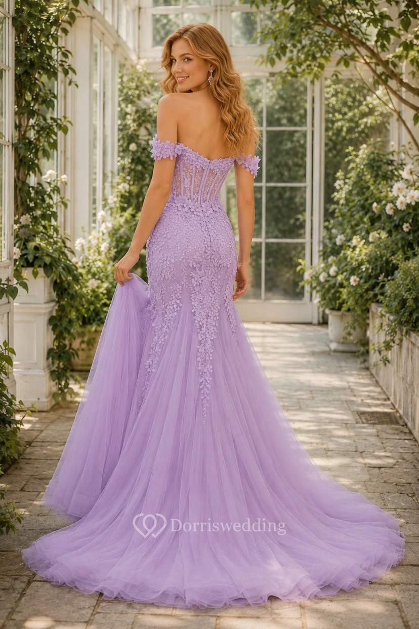 Lavendelfarbenes, schulterfreies Meerjungfrauen-Abendkleid aus Tüll mit Applikationen für Abschlussball und formelle Empfänge view 2