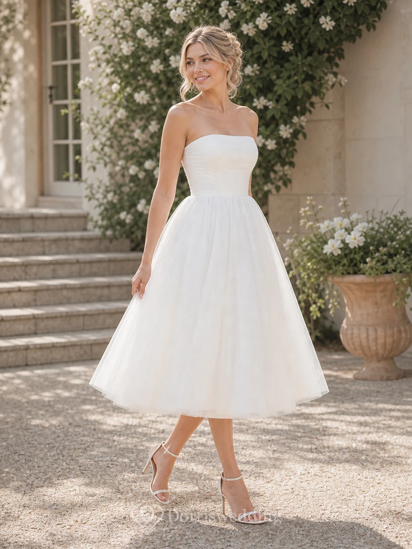 Tea-length Strapless A-line Simple Beach Ruched Casual Wedding Dress