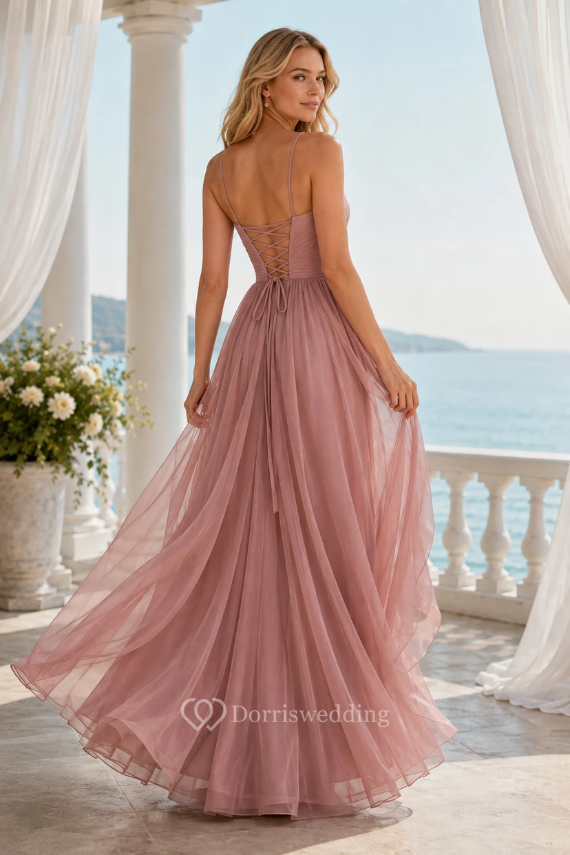 Mauve V-Neck Tulle A-Line Formal Dress view 2