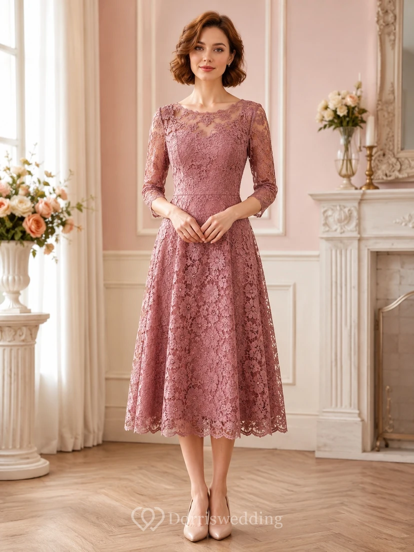 Robe de soirée vintage rose poudré à manches trois-quarts en dentelle, coupe trapèze et longueur thé