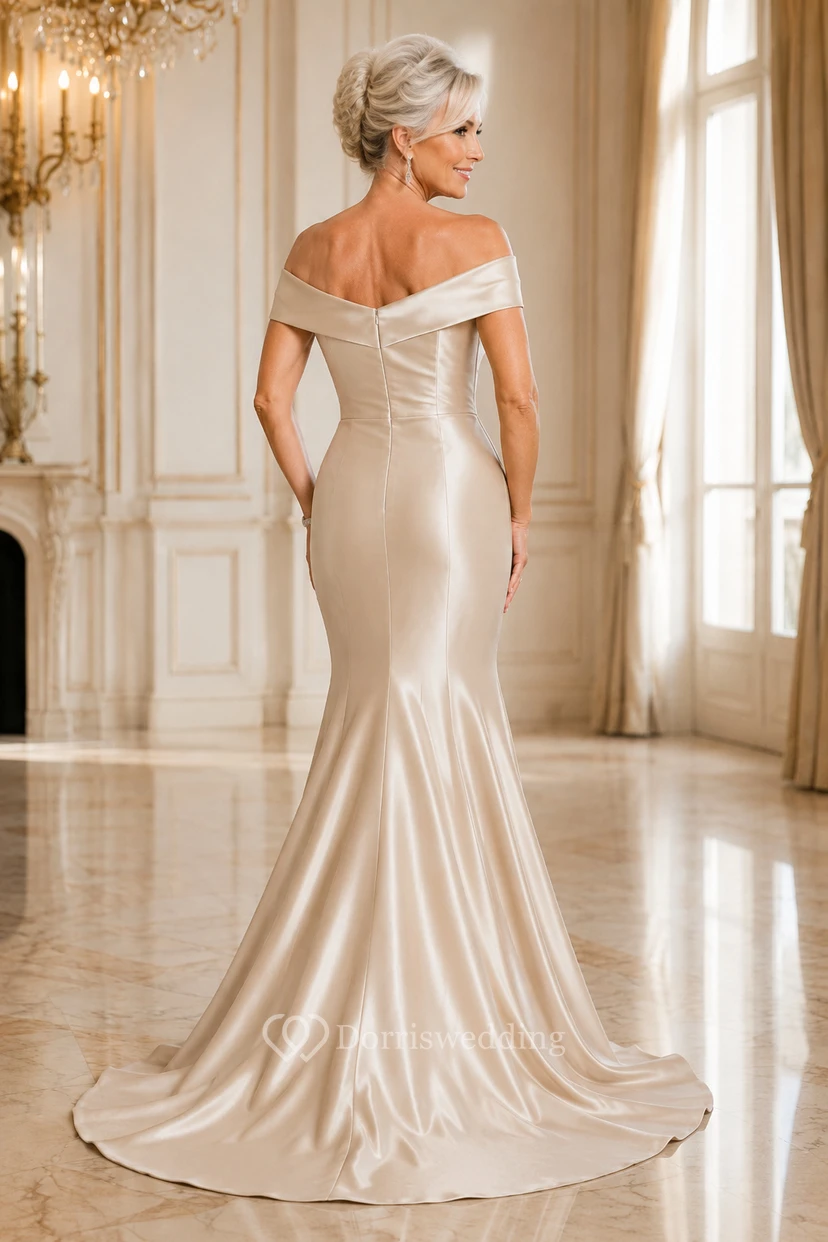 Champagnerfarbenes, schulterfreies Meerjungfrauen-Kleid aus Satin mit Schleppe view 2