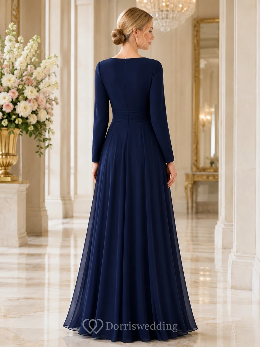 Dark Navy Modest Long Sleeve Jewel Neck A-Line Floor-length Formal Dress view 2
