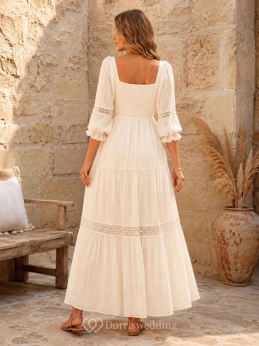 Vestido bohemio de corte A con escote cuadrado y mangas largas, ribete de encaje. view 2