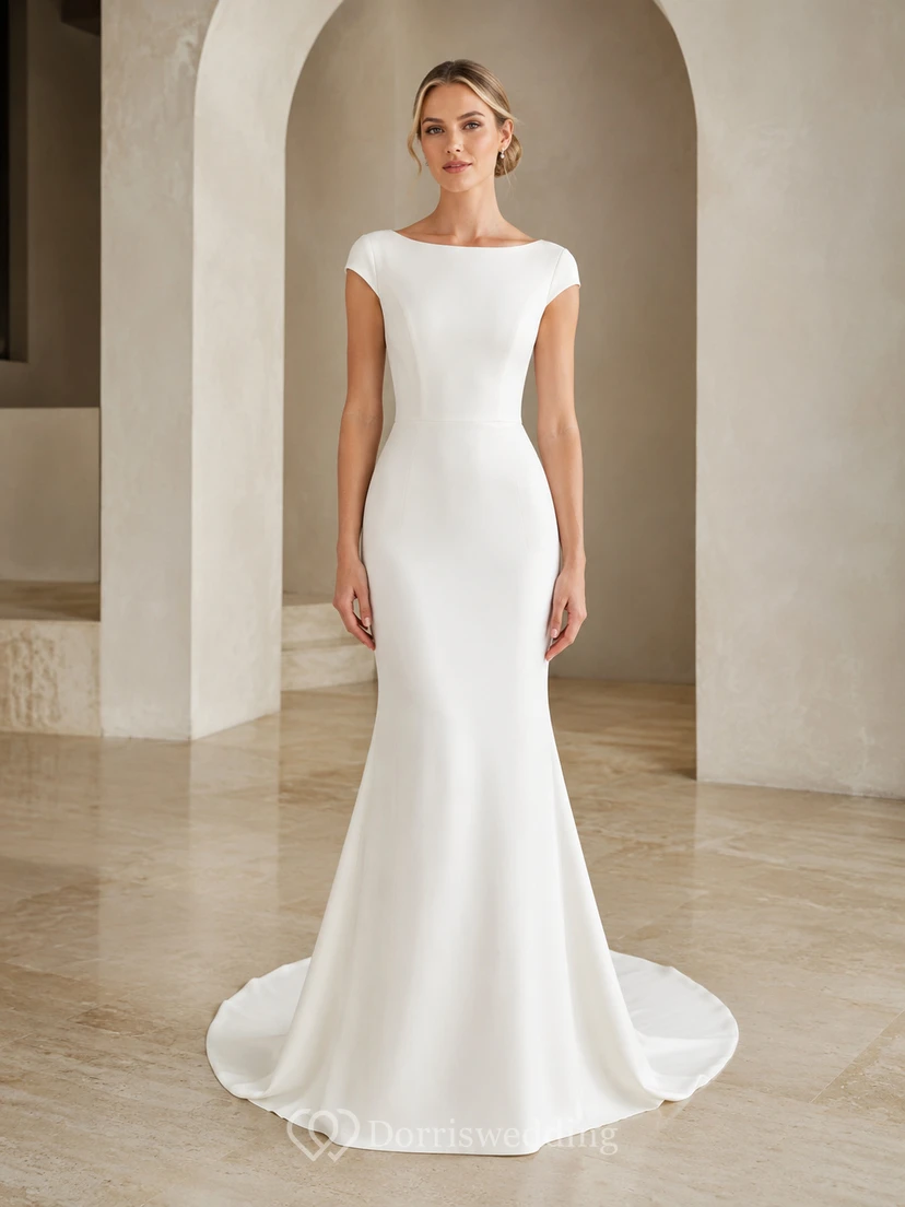 Modern Satin Bateau Cap Sleeve Mermaid Deep V Wedding Dress