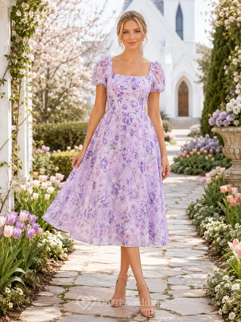 Lavender Floral Square Neck Puff Sleeve Midi Easter Dress