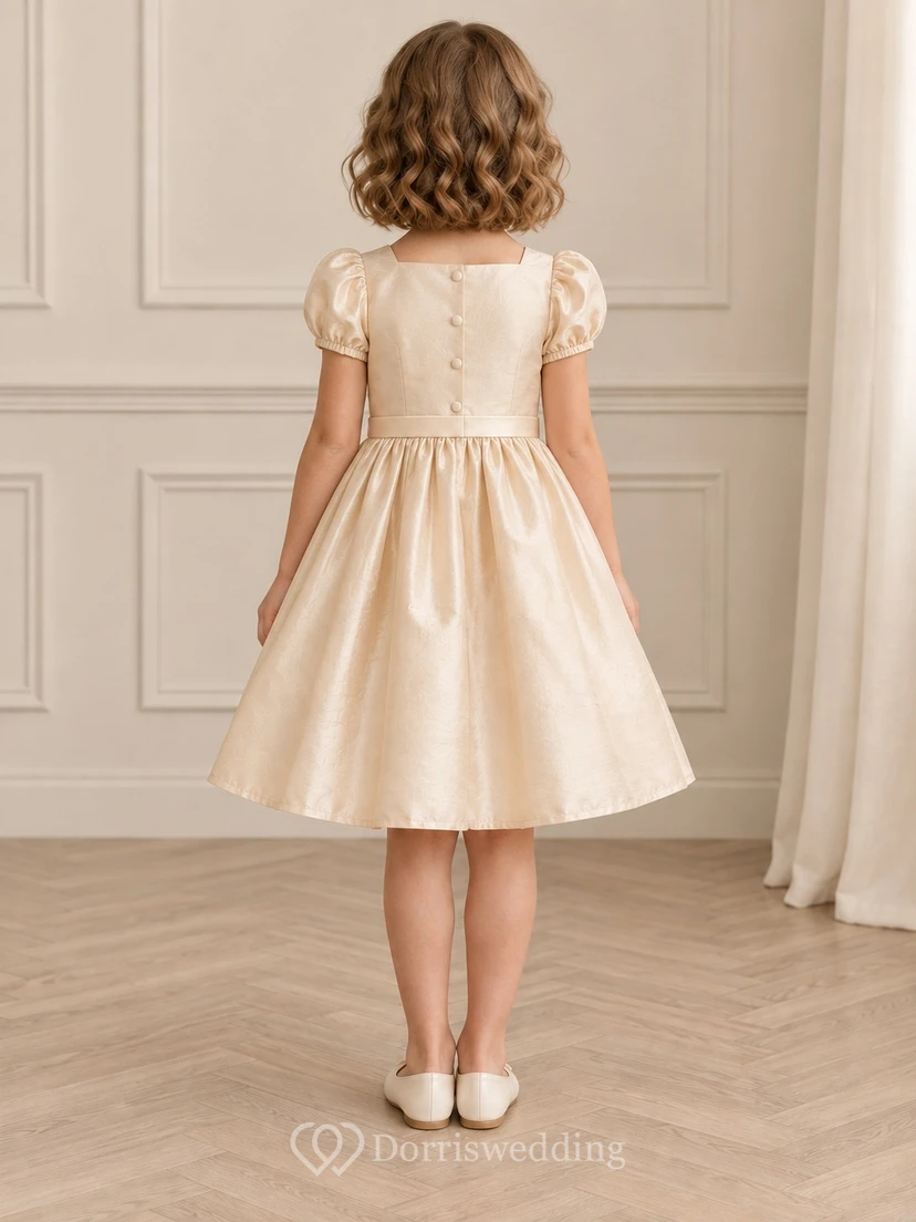 Robe de demoiselle d'honneur couleur champagne vintage, longueur genou, col montant carré, petites manches bouffantes, poignets froncés, fine ceinture crème, jupe ample en taffetas texturé à fronces fines, fermeture boutonnée au dos view 2