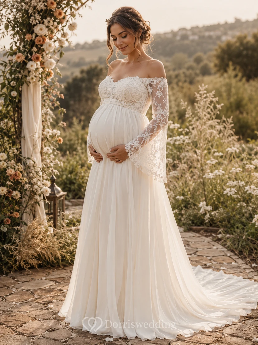 Boho Maternity Off-the-Shoulder Wedding Dress with Lace Bell Sleeves & Empire Chiffon A-Line Train