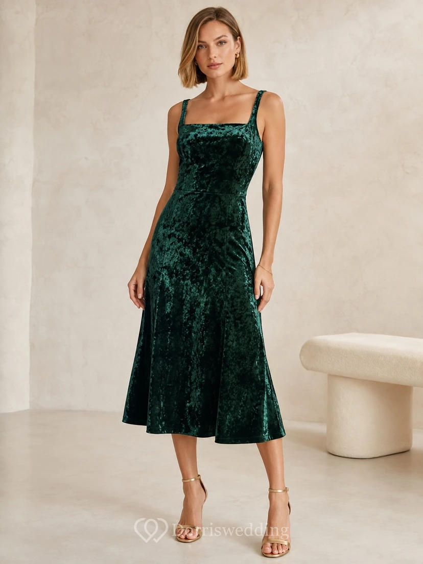 Green Spaghetti Sleeveless Velvet Tea-length Sheath Modern Elegant Dress