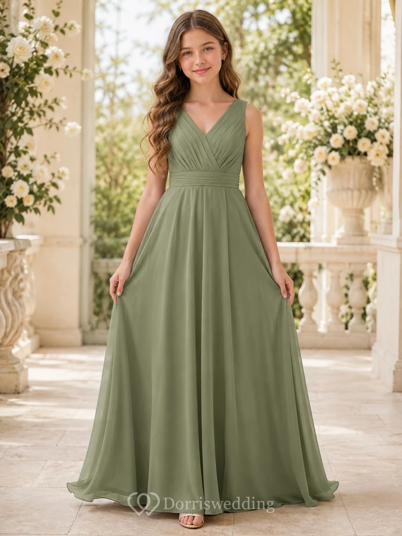 Vestido de dama de honor juvenil verde albahaca, corte en A, escote en V, sin mangas, elegante y formal.
