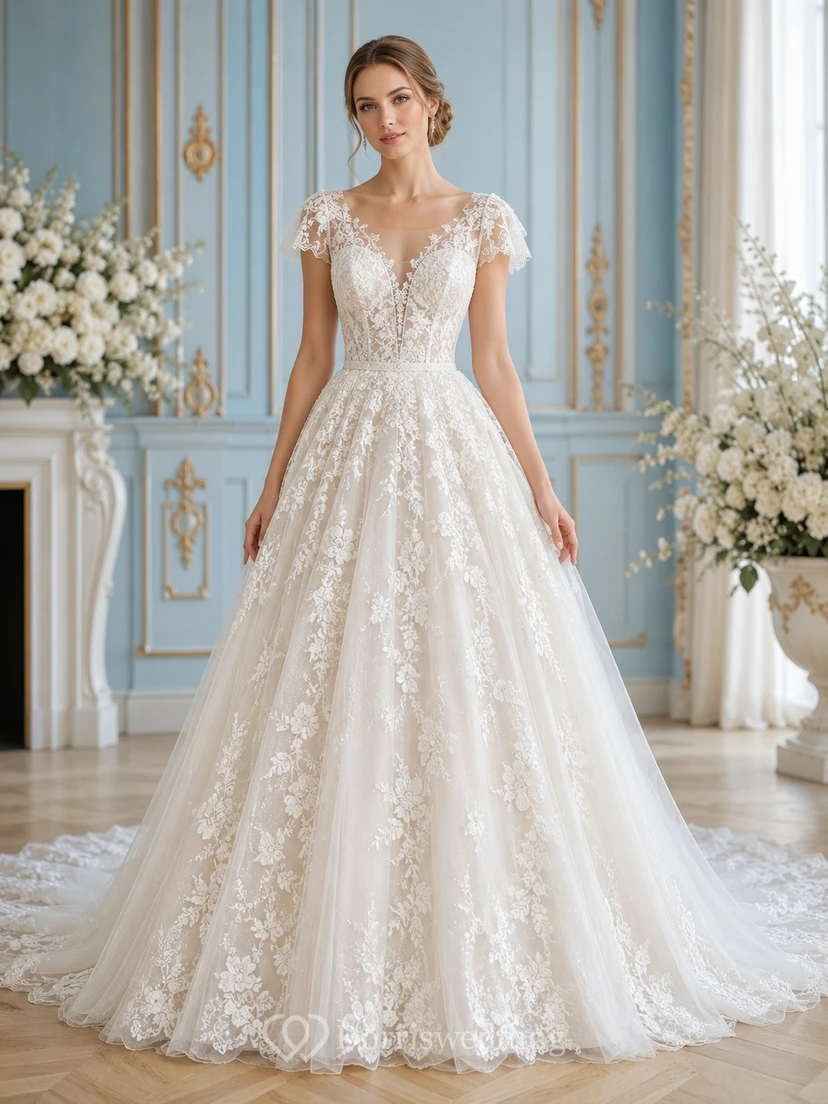 A-Linien-Brautkleid mit Bolero und Schleppe, festlich