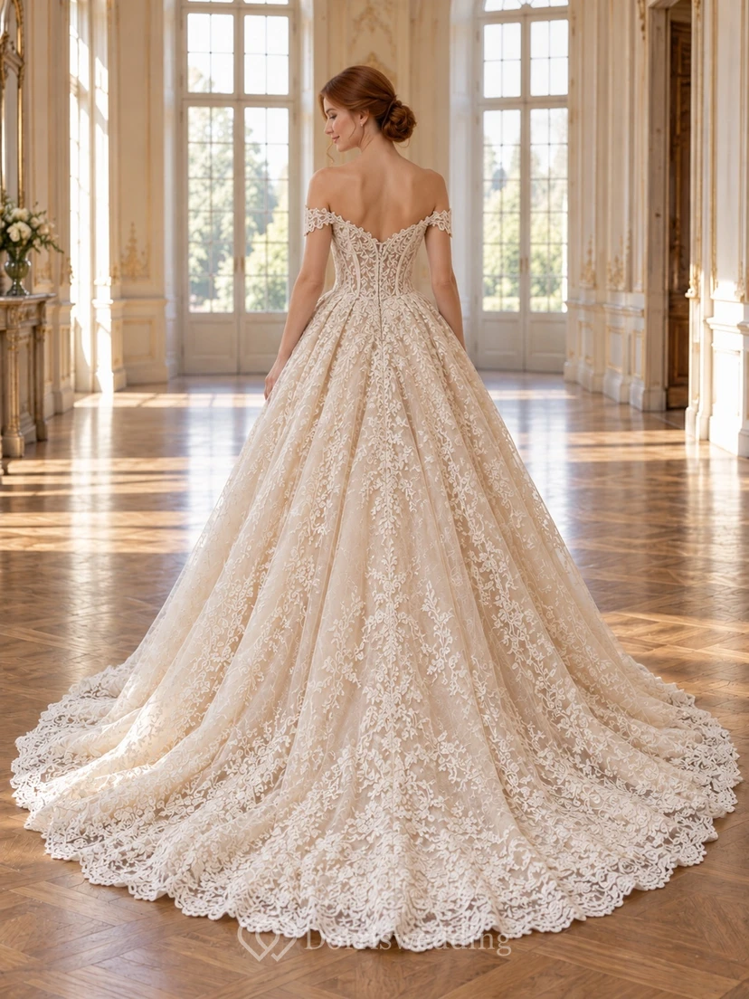 Robe de mariée champagne à épaules dénudées et décolleté cœur, en dentelle cordée view 2