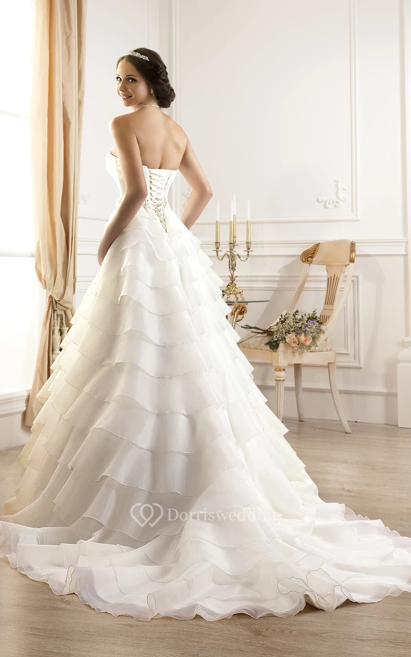 A-Line Long Strapless Sleeveless Lace-Up Organza Dress With Tiers And Flower view 2