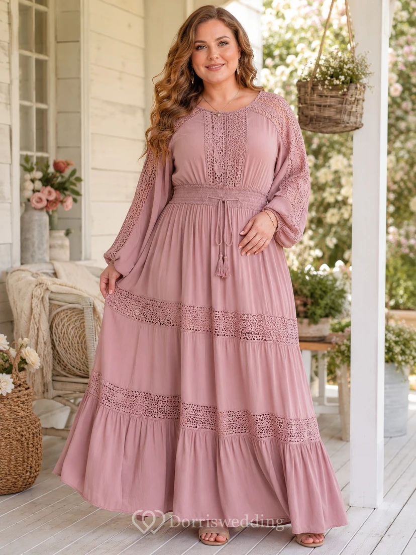 Dusty Rose Bohemian Jewel Neck Long Sleeve Tiered Maxi Dress