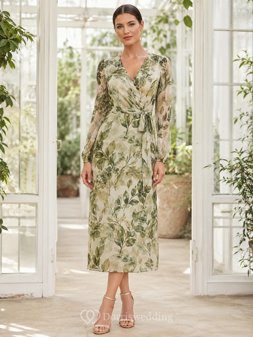 Vestido midi ajustado de manga larga con estampado de follaje verde