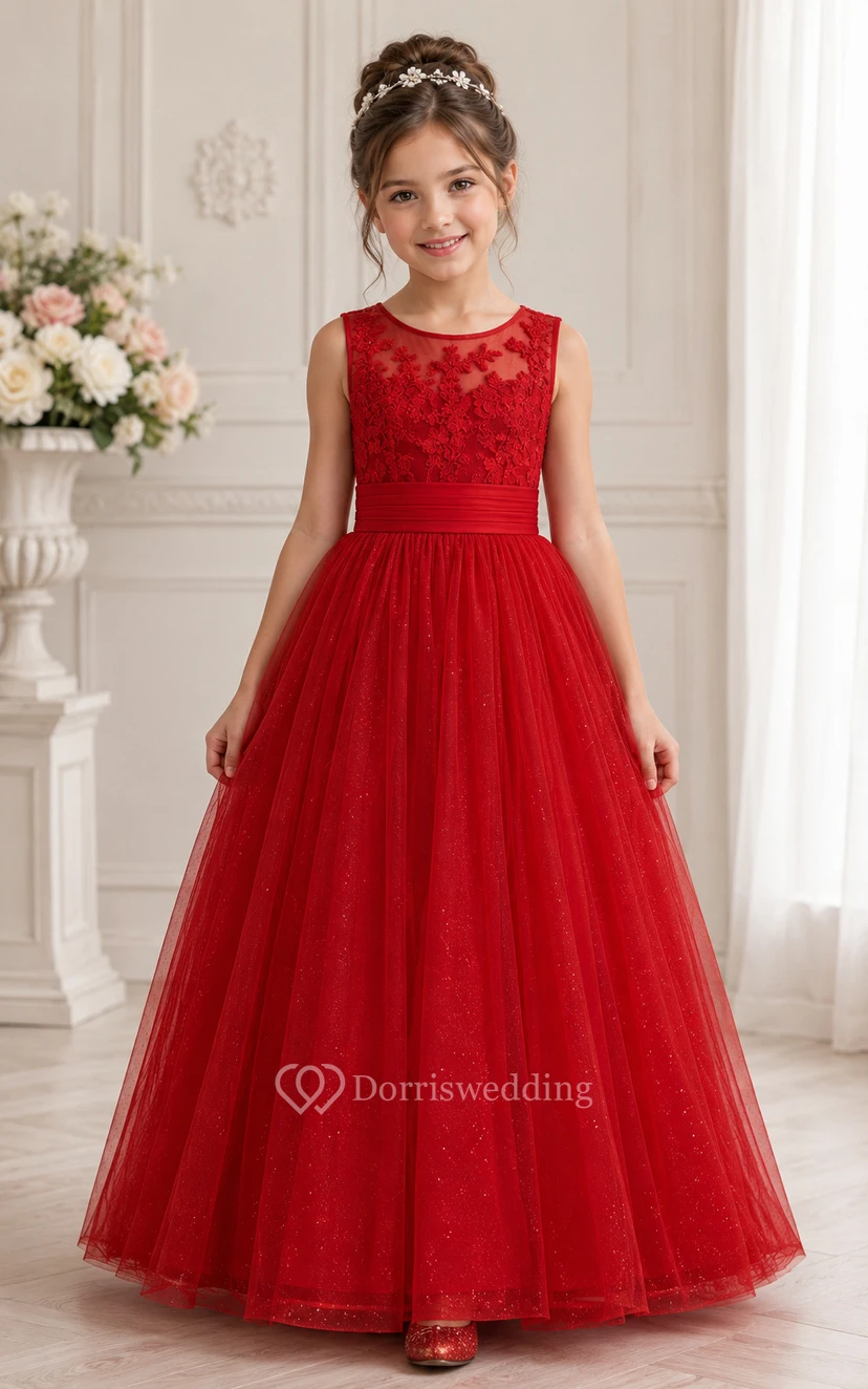Red A-Line Lace Flower Girl Dress with Bow Sash
