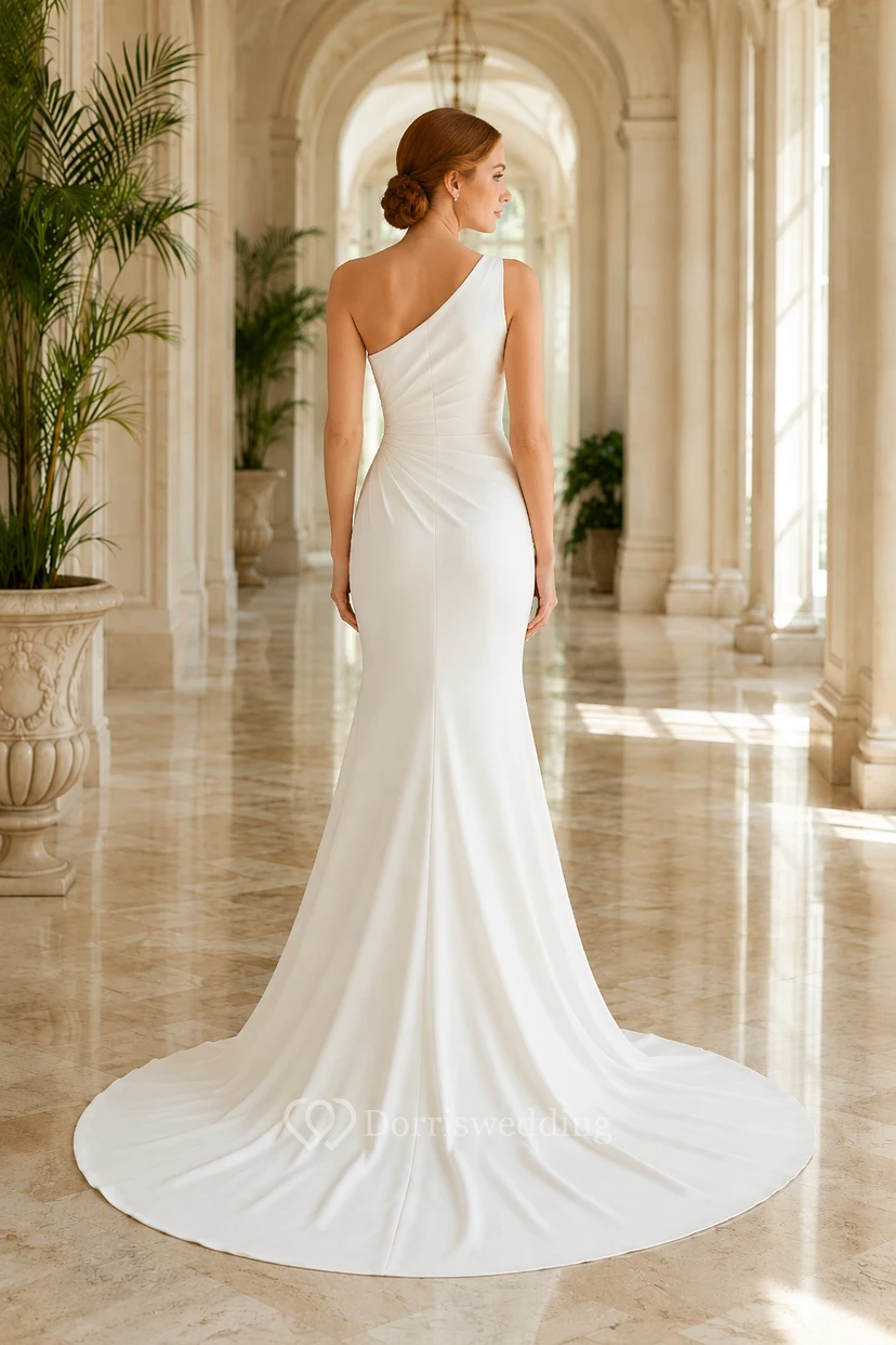 Satin Wedding Dress Mermaid One Shoulder Sleeveless Sweep Train Bridal Gown view 2