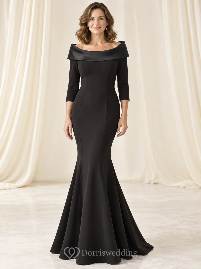 Vestido de noche formal negro estilo sirena, con escote palabra de honor, cuello ancho tipo retrato y mangas tres cuartos hasta el suelo.