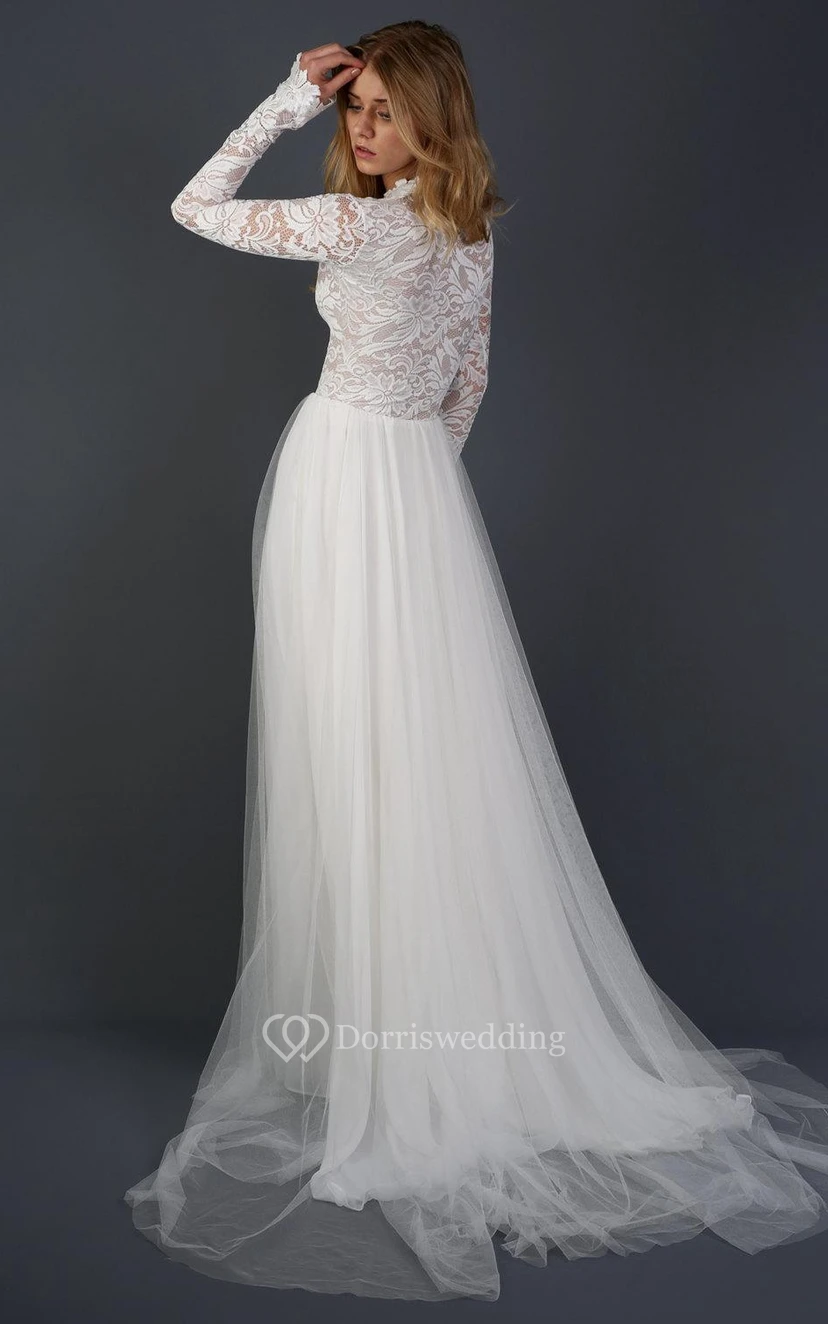 Vestido de novia de gasa, tul y encaje de manga larga view 2