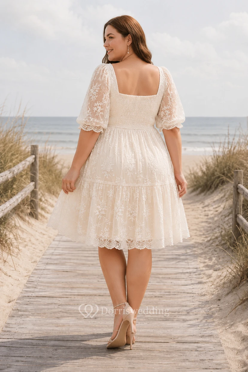 Robe de mariée grande taille à manches courtes en dentelle, longueur thé, jupe en tulle view 2