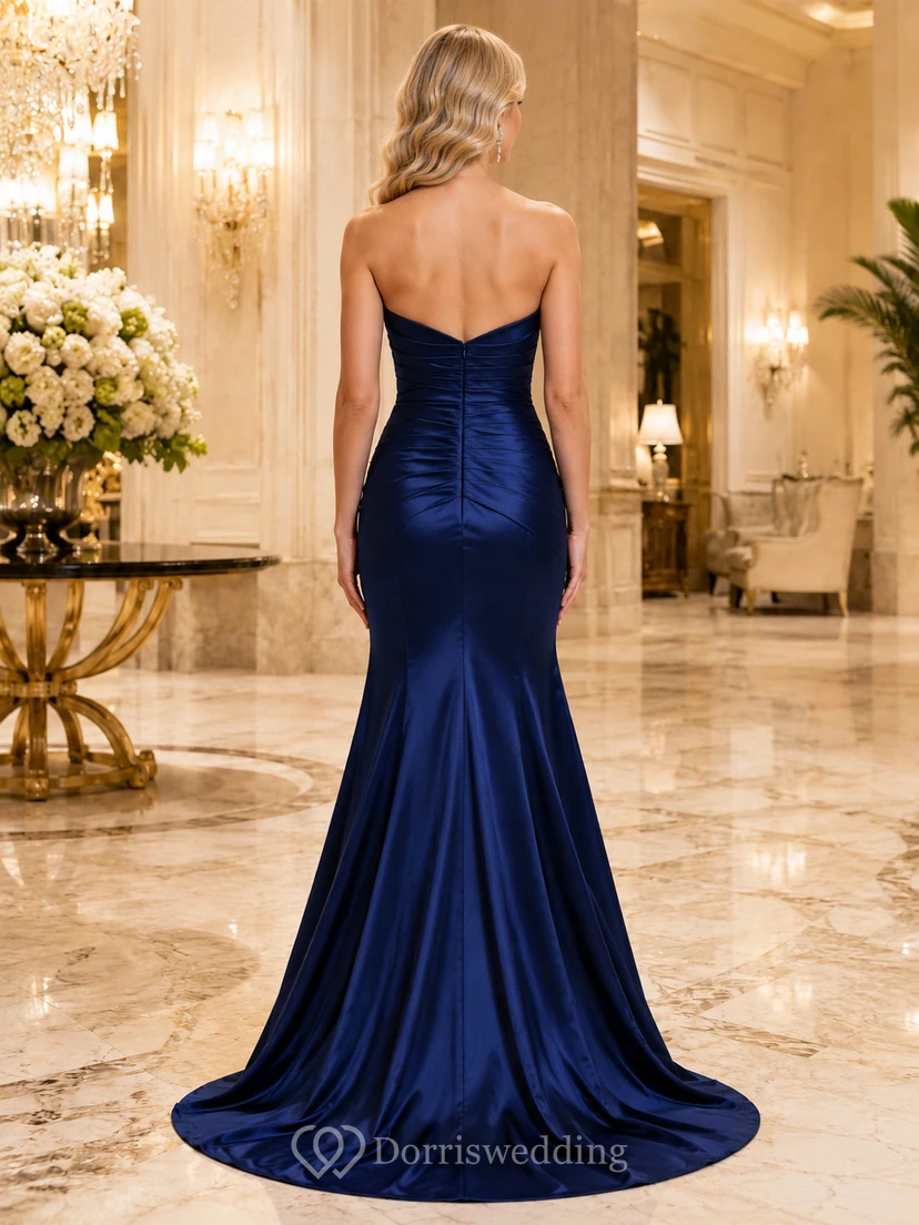 Midnight Blue Strapless Sweetheart Satin Mermaid Evening Gown view 2