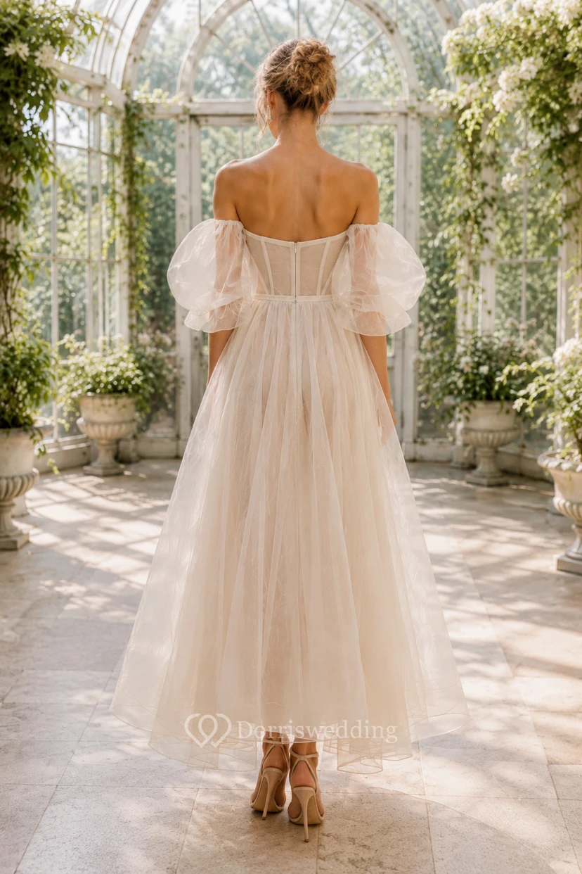 Robe de bal ivoire en tulle, coupe trapèze, épaules dénudées, manches courtes, longueur thé view 2